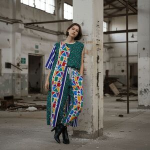 Maggie Shepherd Vintage‎ 80's 3-Piece Set Duster, Blouse, Pants Geo Print Medium